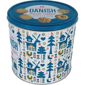 Round Tin With Lid Blue White Folk Art Danish Butter Coo.kies 5 x 5 Inches Mod